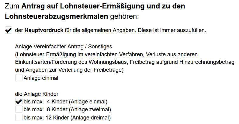 Screenshot von der Start- bzw. Auswahlseite des Formulars Lohnsteuer-Ermäßigung mit gesetzten Haken bei Hauptvordruck und - hervorgehoben - Anlage Kinder